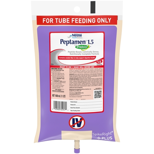 MON803594CS - Nestle Healthcare Nutrition - Nestle Healthcare Nutrition Tube Feeding PEPTAMEN&reg; 1.5 with Prebio1&trade; Unflavored 1000 mL, 6EA/CS