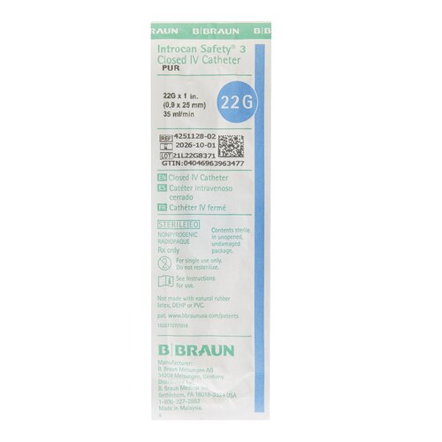 MON808005EA - B. Braun - Closed IV Catheter Introcan Safety 3 22 Gauge 1 Inch Sliding Safety Needle