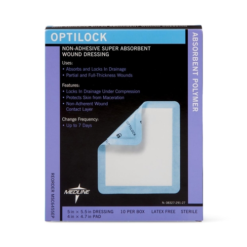 MON816151CS - Medline - Super Absorbent Dressing OptiLock Polymer 5 x 5-1/2&quot; Sterile, 100 EA/CS