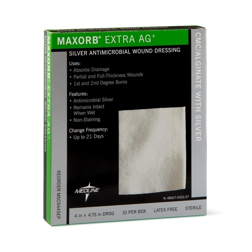 MON824616CS - Medline - Silver Calcium Alginate Dressing Maxorb Extra Ag+ 4 x 4-3/4&quot; Rectangle Sterile, 50 EA/CS