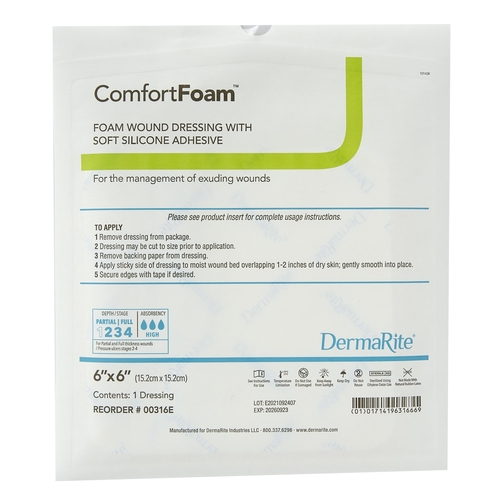 MON835614EA - Dermarite - Dermarite Foam Dressing ComfortFoam 6" x 6" Square Sterile