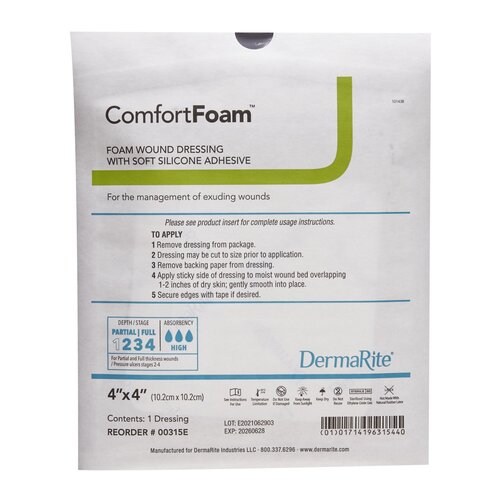 MON835615BX - Dermarite - Dermarite Foam Dressing ComfortFoam 4" x 4" Square Without Border Sterile, 10 EA/BX