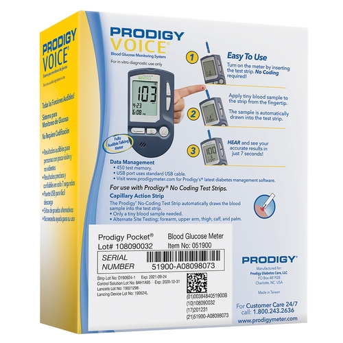 MON842596EA - Prodigy Diabetes Care - Blood Glucose Meter Kit Prodigy&reg; 7 Seconds Stores Up To 450 Results, 7-, 14-, 21-, 30-, 60-, and 90-Day averages No Coding