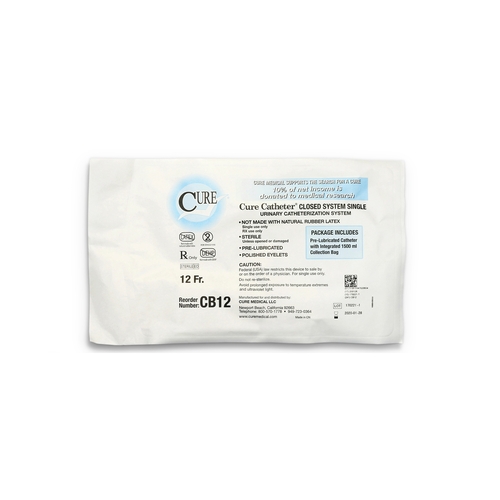 MON847838CS - Cure Medical - Intermittent Catheter Tray Catheter Closed System / Straight Tip 12 Fr. Without Balloon, 100 EA/CS