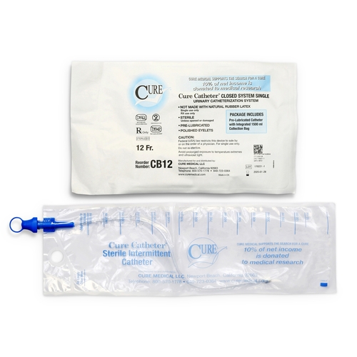 MON847838CS - Cure Medical - Intermittent Catheter Tray Catheter Closed System / Straight Tip 12 Fr. Without Balloon, 100 EA/CS