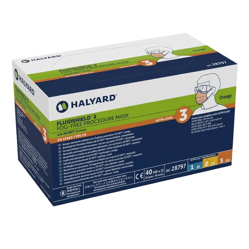 MON849736CS - Halyard - Halyard Procedure Mask FluidShield Anti-fog Foam Pleated Earloops One Size Fits Most Orange NonSterile ASTM Level 3 Adult, 400/CS