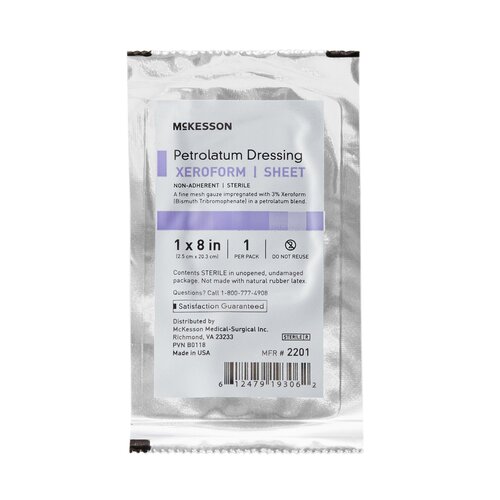 MON864638CS - McKesson - Xeroform Petrolatum Dressing 1 X 8" Gauze Bismuth Tribromophenate Sterile, 50/BX, 4BX/CS