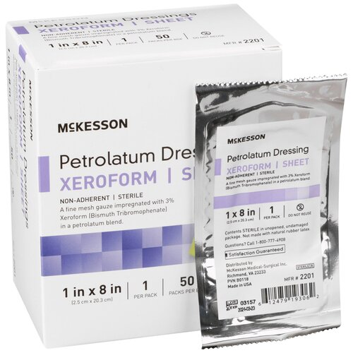 MON864638CS - McKesson - Xeroform Petrolatum Dressing 1 X 8" Gauze Bismuth Tribromophenate Sterile, 50/BX, 4BX/CS