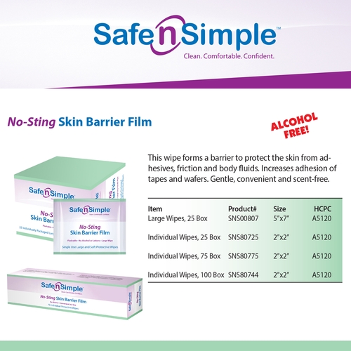 MON869585BX - Safe N Simple - Safe N Simple Skin Barrier Wipe Individual Packet 2 x 2", 25/BX