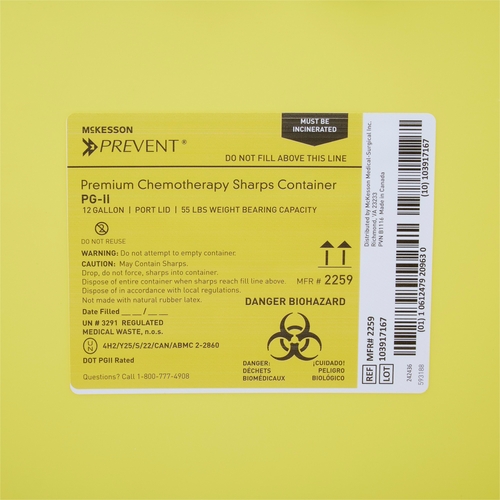 MON869602CS - McKesson - McKesson Sharps Container Prevent&reg; 20.8H X 17.3W X 13L Inch 12 Gallon Yellow - Chemo