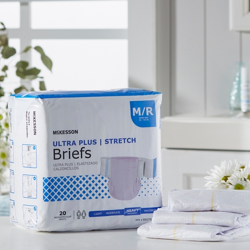 MON884170CS - McKesson - McKesson Ultra Plus Stretch Heavy Absorbency Briefs, Medium, 80/CS