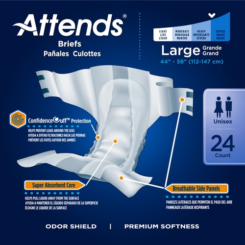 MON955305CS - Attends - Attends Incontinent Brief Attends Tab Closure Large Disposable Moderate Absorbency, 72 EA/CS