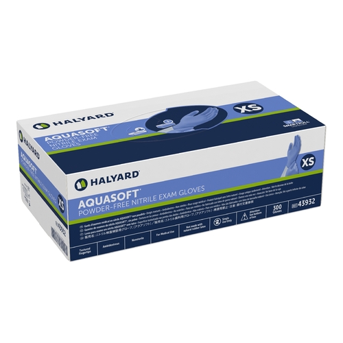 MON975528CS - Halyard - Halyard Exam Glove Aquasoft x-Small NonSterile Nitrile Standard Cuff Length Textured Fingertips Blue Not Chemo Approved, 3000 EA/CS