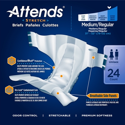 MON980213CS - Attends - Attends Incontinent Brief Attends Tab Closure Medium / Regular Disposable Moderate Absorbency, 96 EA/CS