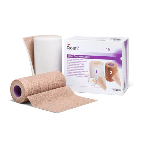MON993483CS - 3M - 2 Layer Compression Bandage System Coban&trade; 6" x 3-4/5 Yard / 6" x 4-9/10 Yard 35 - 40 mmHg Self-adherent Closure Tan / White NonSterile, 1KT/BX, 8BX/CS