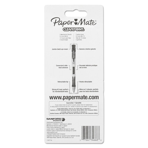 PAP34666PP - Paper Mate - Clear Point Mechanical Pencil, 0.5 mm, HB (#2.5), Black Lead, Randomly Assorted Barrel Colors, 2/Pack