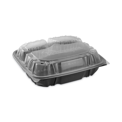 EarthChoice Vented Dual Color Microwavable Hinged Lid Container, 3-Comp Base/Lid, 34 oz, 10.5x9.5x3, Blk/Clr, Plastic, 132/CT EarthChoice Vented Dual Color Microwavable Hinged Lid Container, 3-Comp Base/Lid, 34 oz, 10.5x9.5x3, Blk/Clr, Plastic, 132/CT