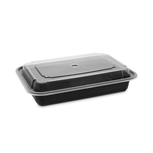 Newspring VERSAtainer Microwavable Containers, 28 oz, 7.25 x 5 x 1.5, Black Base/Clear Lid, Plastic, 150/Carton Newspring VERSAtainer Microwavable Containers, 28 oz, 7.25 x 5 x 1.5, Black Base/Clear Lid, Plastic, 150/Carton