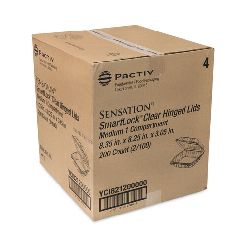 PCTYCI821200000 - Pactiv - SENSATION SmartLock Hinged Lid Container, 8.34 x 8.24 x 3.05, Clear, Plastic, 200/Carton