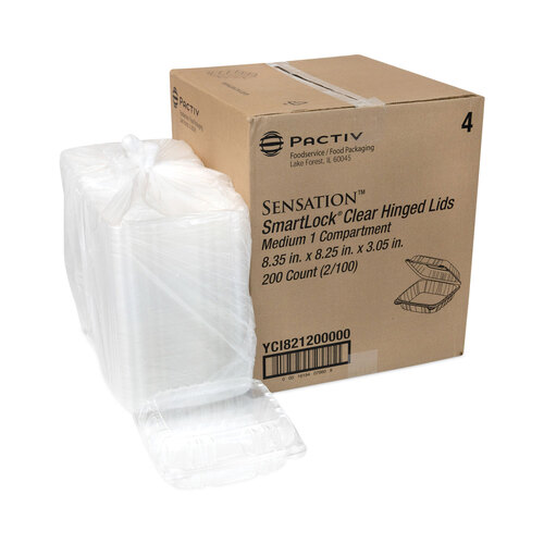 PCTYCI821200000 - Pactiv - SENSATION SmartLock Hinged Lid Container, 8.34 x 8.24 x 3.05, Clear, Plastic, 200/Carton