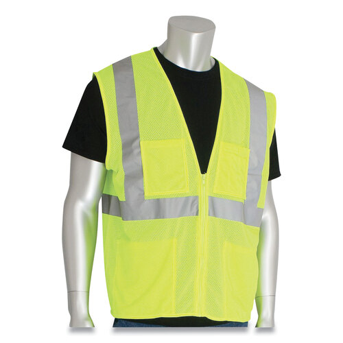 PID302MVGZ4PLYL - Protective Industrial Products Inc - ANSI Class 2 Four Pocket Zipper Safety Vest, Polyester Mesh, Large, Hi-Viz Lime Yellow