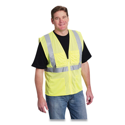 PID302MVGZ4PLYL - Protective Industrial Products Inc - ANSI Class 2 Four Pocket Zipper Safety Vest, Polyester Mesh, Large, Hi-Viz Lime Yellow