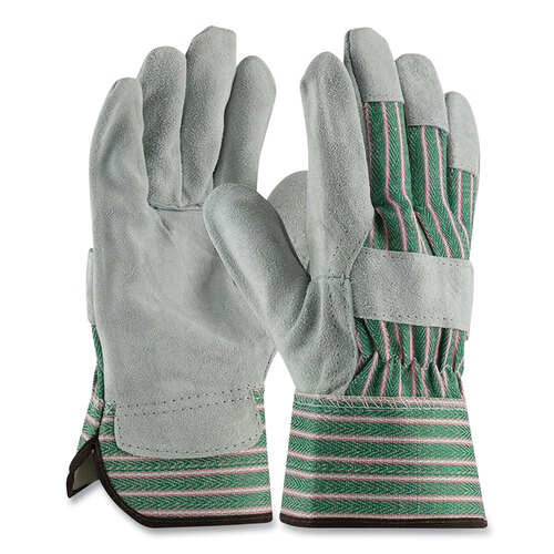 PID836563L - Protective Industrial Products Inc - Bronze Series Leather/Fabric Work Gloves, Large (Size 9), Gray/Green, 12 Pairs