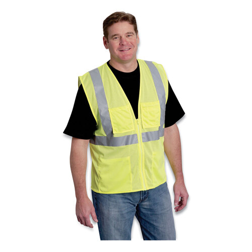 PIDMVGZ4PLY5X - Protective Industrial Products Inc - ANSI Class 2 Four Pocket Zipper Safety Vest, Polyester Mesh, 5X-Large, Hi-Viz Lime Yellow