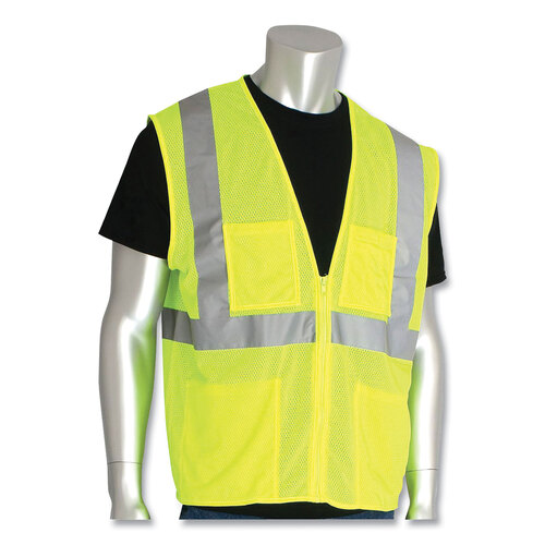 PIDMVGZ4PLY5X - Protective Industrial Products Inc - ANSI Class 2 Four Pocket Zipper Safety Vest, Polyester Mesh, 5X-Large, Hi-Viz Lime Yellow