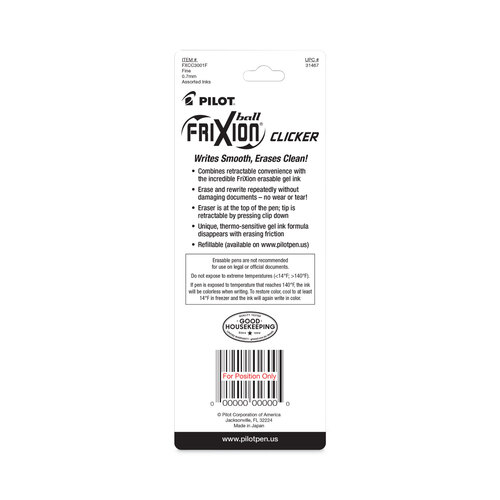 PIL31467 - Pilot - FriXion Clicker Erasable Gel Pen, Retractable, Fine 0.7 mm, Three Assorted Business Ink and Barrel Colors, 3/Pack