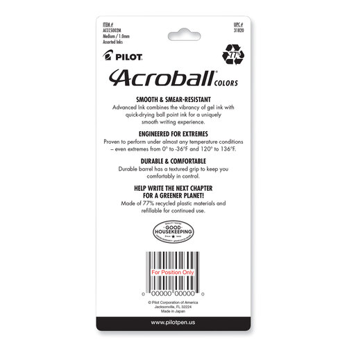 PIL31820 - Pilot - Acroball Colors Advanced Ink Ballpoint Pen, Retractable, Medium 1 mm, Assorted Ink and Barrel Colors, 5/Pack