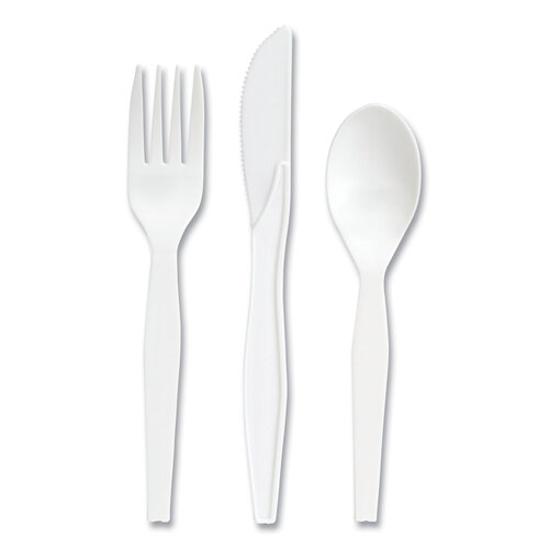 Mediumweight Plastic Cutlery, Fork/Knife/Teaspoon, White, 100 Sets/Pack Mediumweight Plastic Cutlery, Fork/Knife/Teaspoon, White, 100 Sets/Pack