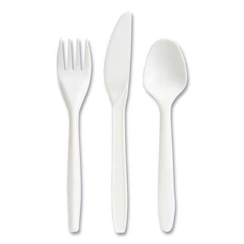 Eco-ID Mediumweight Compostable Cutlery, Fork/Knife/Teaspoon, White, 120 Sets/Pack Eco-ID Mediumweight Compostable Cutlery, Fork/Knife/Teaspoon, White, 120 Sets/Pack