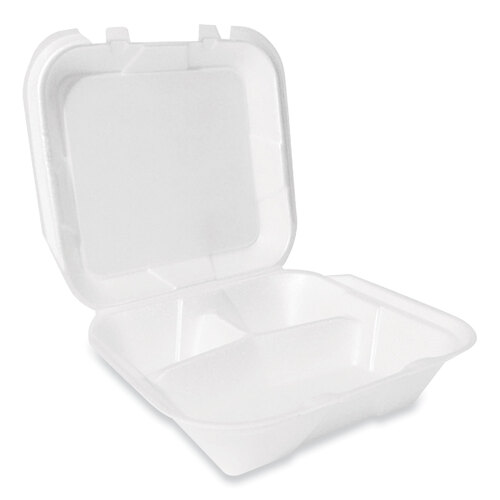 PST12094 - PLASTIFAR SA - Foam Hinged Lid Container, Secure Two Tab Latch, Poly Bag, 3-Compartment, 9 x 9 x 3, White, 100/Bag, 2 Bags/Carton