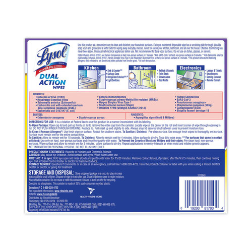 RAC81700 - Reckitt Benckiser - Reckitt Benckiser Dual Action Disinfecting Wipes, 7 x 7.5, Citrus, White/Purple, 75/Canister