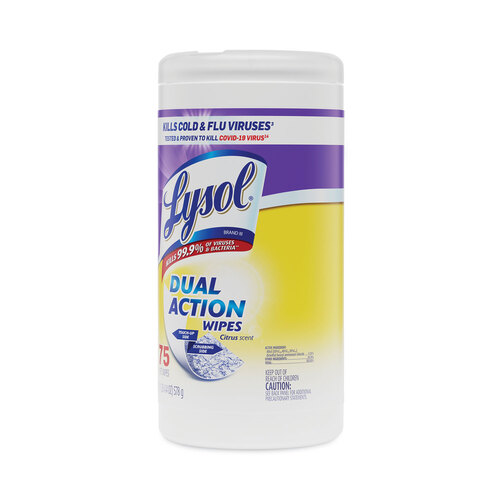 RAC81700 - Reckitt Benckiser - Reckitt Benckiser Dual Action Disinfecting Wipes, 7 x 7.5, Citrus, White/Purple, 75/Canister