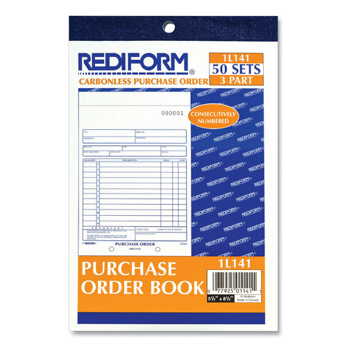 RED1L141 - Rediform - Purchase Order Book, 12 Lines, Three-Part Carbonless, 5.5 x 7.88, 50 Forms Total