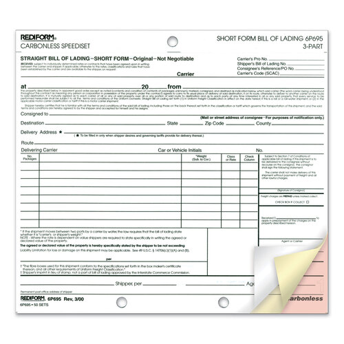 RED6P695 - Rediform - Speediset Bill of Lading, Short Form, Three-Part Carbonless, 7 x 8.5, 50 Forms Total