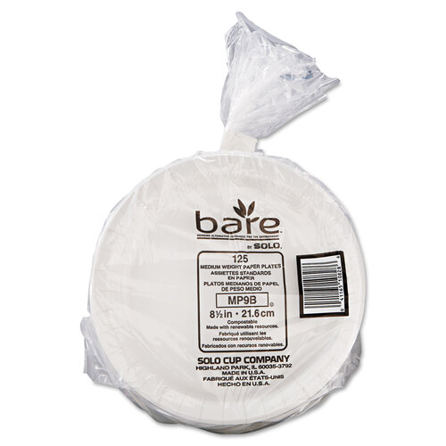 SCCMP9BR2054 - Dart - Bare Eco-Forward Clay-Coated Paper Dinnerware, Plate, 8.5&quot; dia, White, 125/Pack, 4 Packs/Carton