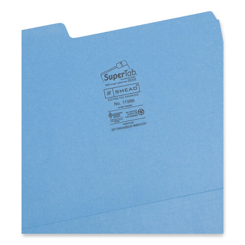 SMD11986 - Smead - SuperTab Colored File Folders, 1/3-Cut Tabs: Assorted, Letter Size, 0.75&quot; Expansion, 11-pt Stock, Blue, 100/Box