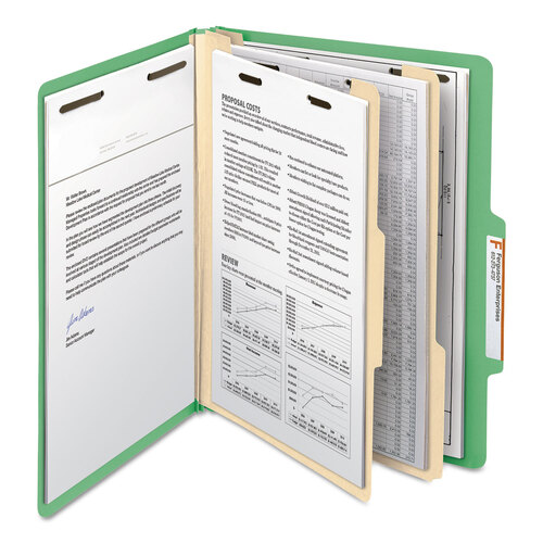 SMD14002 - Smead - Top Tab Classification Folders, Six SafeSHIELD Fasteners, 2&quot; Expansion, 2 Dividers, Letter Size, Green Exterior, 10/Box