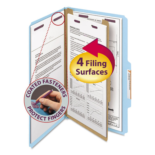 SMD18730 - Smead - Four-Section Pressboard Top Tab Classification Folders, Four SafeSHIELD Fasteners, 1 Divider, Legal Size, Blue, 10/Box