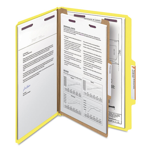 SMD18734 - Smead - Four-Section Pressboard Top Tab Classification Folders, Four SafeSHIELD Fasteners, 1 Divider, Legal Size, Yellow, 10/Box