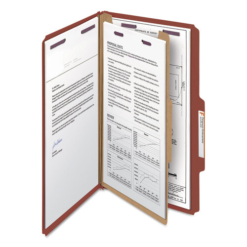 SMD18775 - Smead - Pressboard Classification Folders, Four SafeSHIELD Fasteners, 2/5-Cut Tabs, 1 Divider, Legal Size, Red, 10/Box