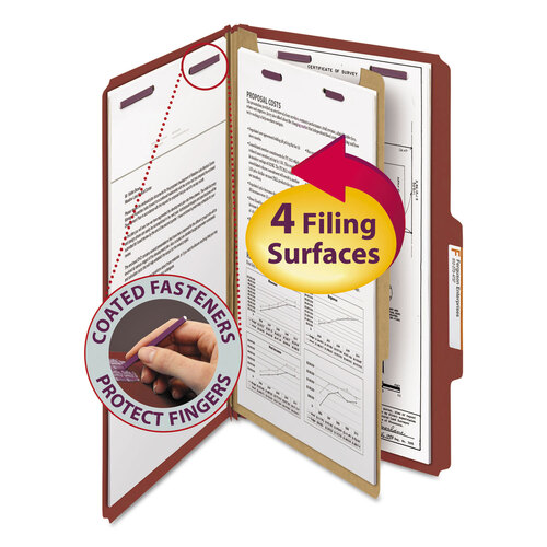 SMD18775 - Smead - Pressboard Classification Folders, Four SafeSHIELD Fasteners, 2/5-Cut Tabs, 1 Divider, Legal Size, Red, 10/Box