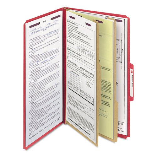 SMD19031 - Smead - Six-Section Pressboard Top Tab Classification Folders, Six SafeSHIELD Fasteners, 2 Dividers, Legal Size, Bright Red, 10/Box