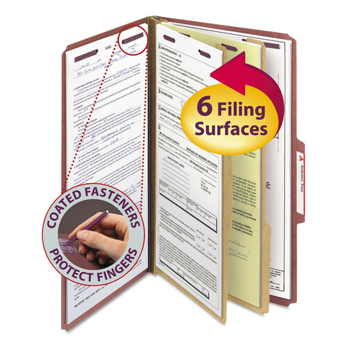 SMD19075 - Smead - Pressboard Classification Folders, Six SafeSHIELD Fasteners, 2/5-Cut Tabs, 2 Dividers, Legal Size, Red, 10/Box