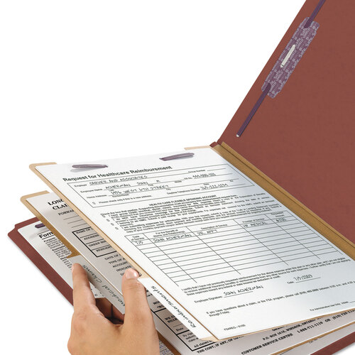 SMD19075 - Smead - Pressboard Classification Folders, Six SafeSHIELD Fasteners, 2/5-Cut Tabs, 2 Dividers, Legal Size, Red, 10/Box