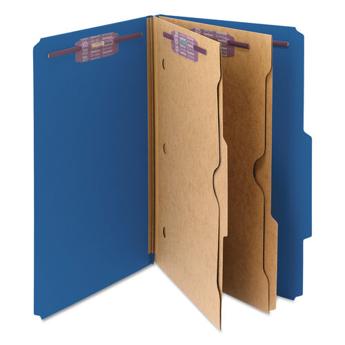 SMD19077 - Smead - 6-Section Pressboard Top Tab Pocket Classification Folders, 6 SafeSHIELD Fasteners, 2 Dividers, Legal Size, Dark Blue, 10/Box