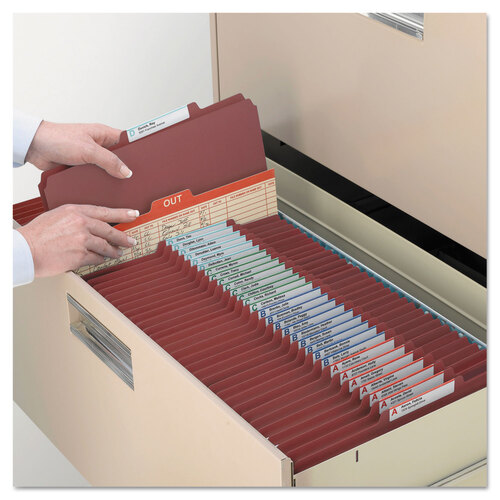 SMD19079 - Smead - 6-Section Pressboard Top Tab Pocket Classification Folders, 6 SafeSHIELD Fasteners, 2 Dividers, Legal Size, Red, 10/Box